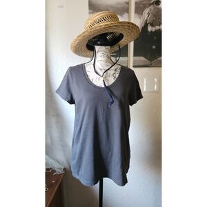 Eddie Bauer Embroidered Charcoal Grey V-Neck Tee Boho Artisan Top Size M